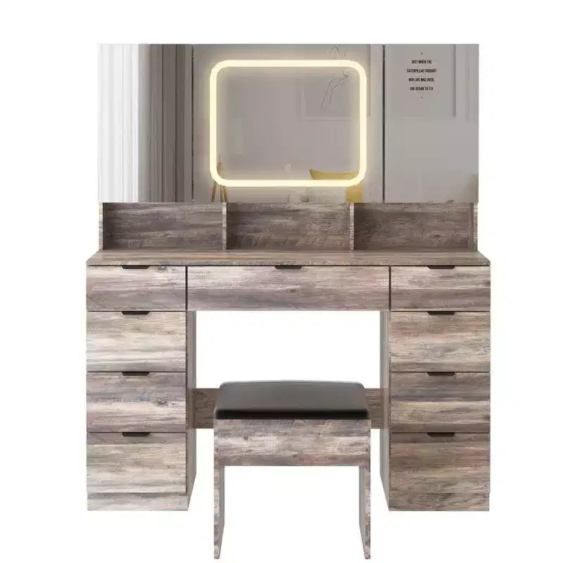 Ensemble coiffeuse avec cabinet à 9 tiroirs et 3 miroirs en aggloméré gris laminé de mélamine texturée