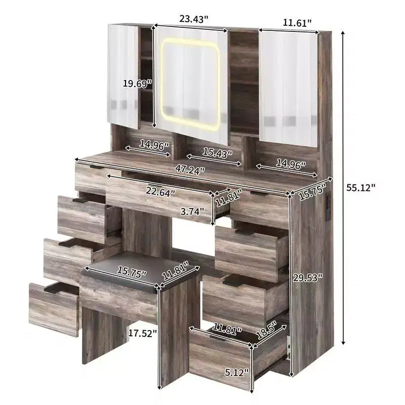 Ensemble coiffeuse avec cabinet à 9 tiroirs et 3 miroirs en aggloméré gris laminé de mélamine texturée