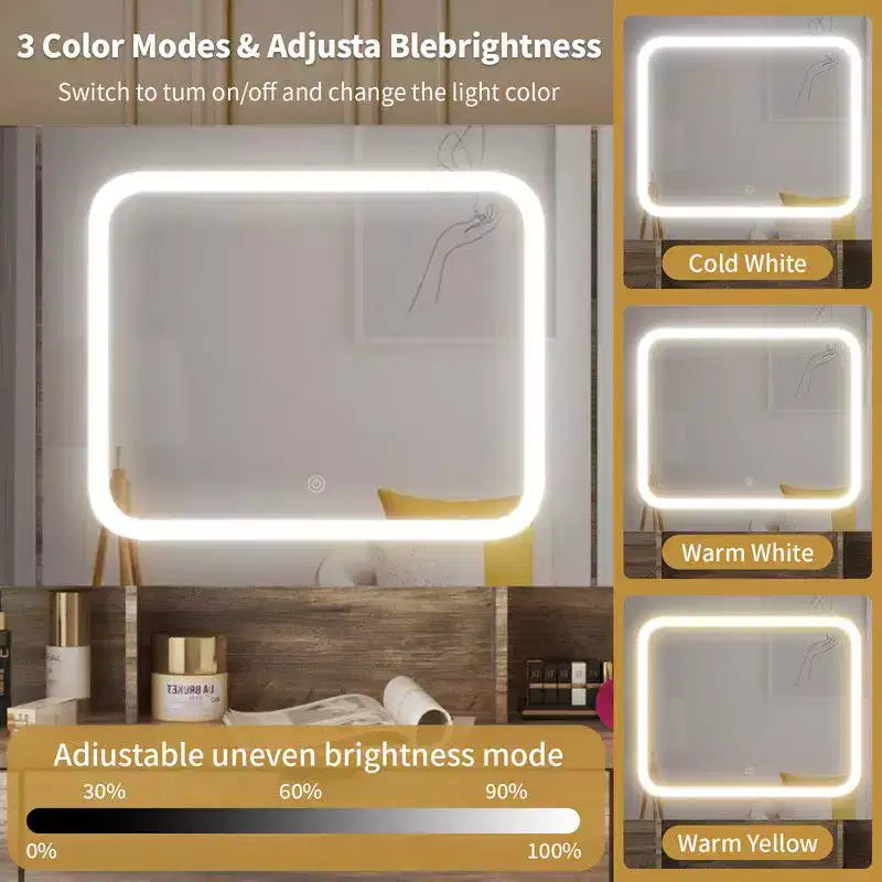 Ensemble coiffeuse avec cabinet à 9 tiroirs et 3 miroirs en aggloméré gris laminé de mélamine texturée