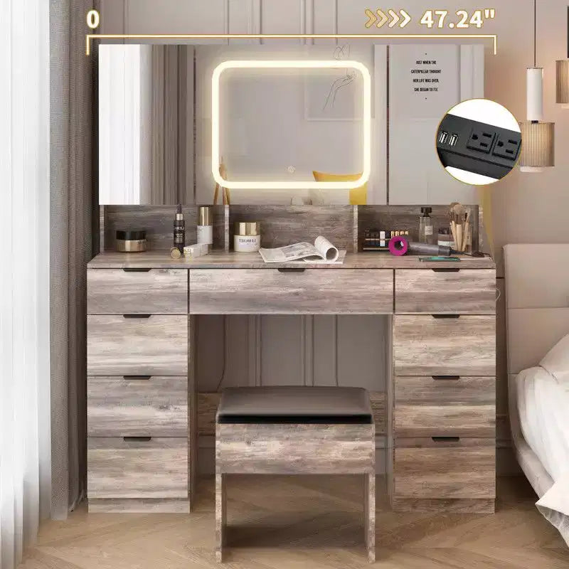 Ensemble coiffeuse avec cabinet à 9 tiroirs et 3 miroirs en aggloméré gris laminé de mélamine texturée