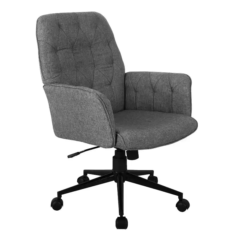 Chaise de bureau moderne Okak, chaise de vanité rembourrée et capitonnée avec accoudoirs et roulettes, chaise pivotante à 360° pour salle de lecture, bureau, grise