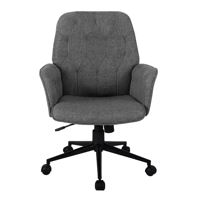 Chaise de bureau moderne Okak, chaise de vanité rembourrée et capitonnée avec accoudoirs et roulettes, chaise pivotante à 360° pour salle de lecture, bureau, grise