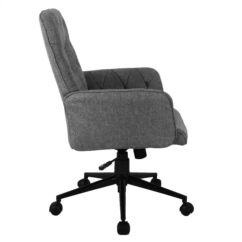 Chaise de bureau moderne Okak, chaise de vanité rembourrée et capitonnée avec accoudoirs et roulettes, chaise pivotante à 360° pour salle de lecture, bureau, grise