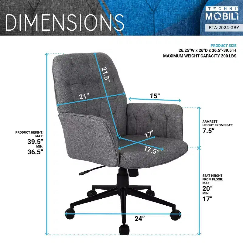 Chaise de bureau moderne Okak, chaise de vanité rembourrée et capitonnée avec accoudoirs et roulettes, chaise pivotante à 360° pour salle de lecture, bureau, grise
