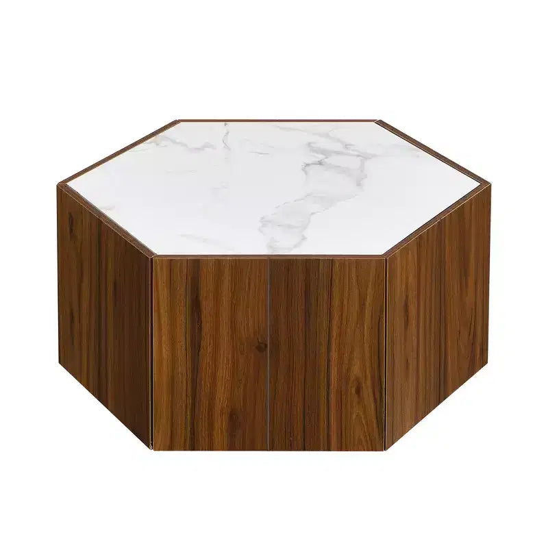 Table basse rustique rétro hexagonale Zeus & Ruta avec 2 tiroirs cachés, plateau en marbre et finition chêne pour salon