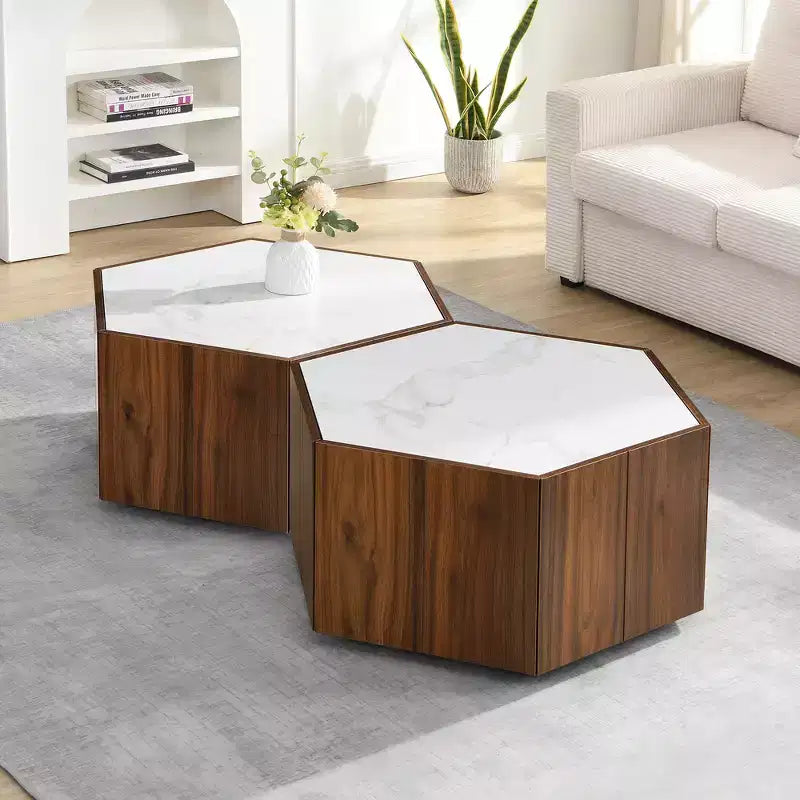 Table basse rustique rétro hexagonale Zeus & Ruta avec 2 tiroirs cachés, plateau en marbre et finition chêne pour salon