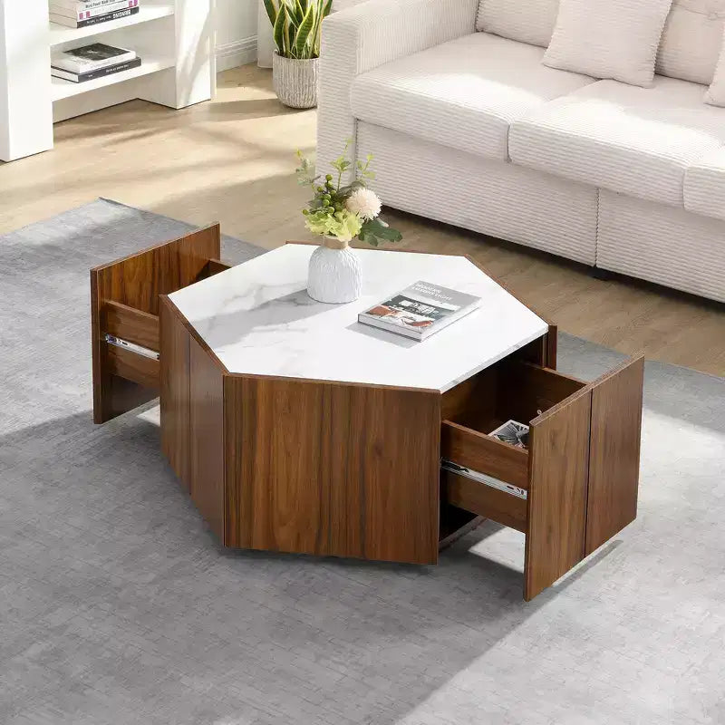 Table basse rustique rétro hexagonale Zeus & Ruta avec 2 tiroirs cachés, plateau en marbre et finition chêne pour salon
