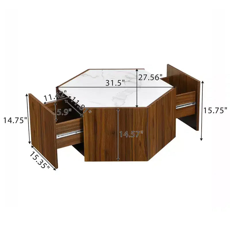 Table basse rustique rétro hexagonale Zeus & Ruta avec 2 tiroirs cachés, plateau en marbre et finition chêne pour salon