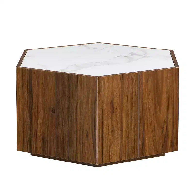 Table basse rustique rétro hexagonale Zeus & Ruta avec 2 tiroirs cachés, plateau en marbre et finition chêne pour salon