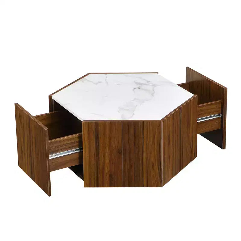 Table basse rustique rétro hexagonale Zeus & Ruta avec 2 tiroirs cachés, plateau en marbre et finition chêne pour salon