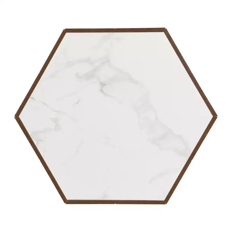 Table basse rustique rétro hexagonale Zeus & Ruta avec 2 tiroirs cachés, plateau en marbre et finition chêne pour salon