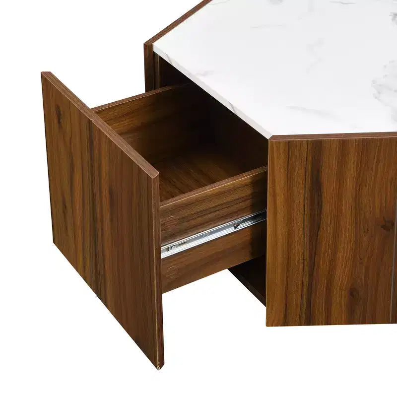 Table basse rustique rétro hexagonale Zeus & Ruta avec 2 tiroirs cachés, plateau en marbre et finition chêne pour salon