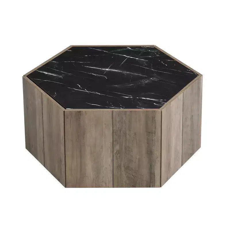 Table basse rustique rétro hexagonale Zeus & Ruta avec 2 tiroirs cachés, plateau en marbre et finition chêne pour salon