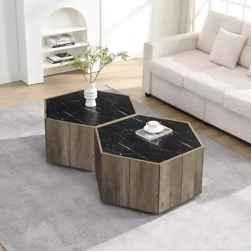 Table basse rustique rétro hexagonale Zeus & Ruta avec 2 tiroirs cachés, plateau en marbre et finition chêne pour salon