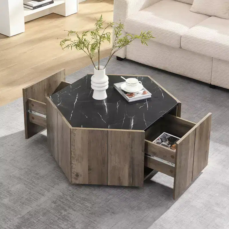 Table basse rustique rétro hexagonale Zeus & Ruta avec 2 tiroirs cachés, plateau en marbre et finition chêne pour salon