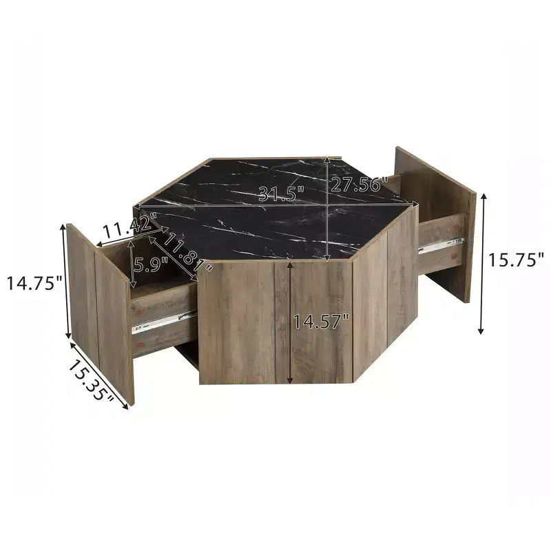 Table basse rustique rétro hexagonale Zeus & Ruta avec 2 tiroirs cachés, plateau en marbre et finition chêne pour salon