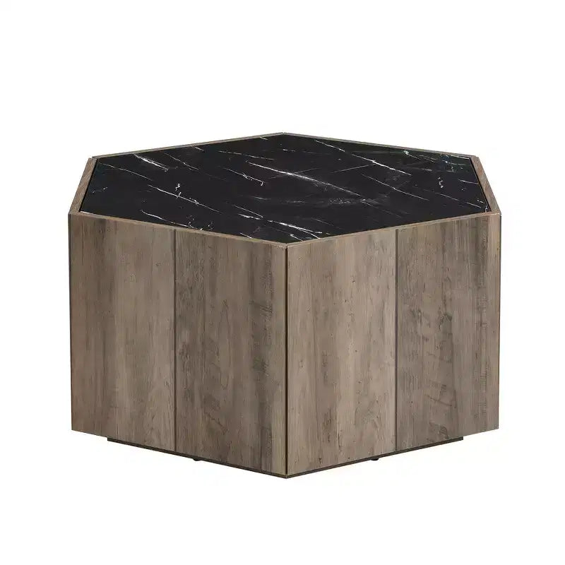 Table basse rustique rétro hexagonale Zeus & Ruta avec 2 tiroirs cachés, plateau en marbre et finition chêne pour salon