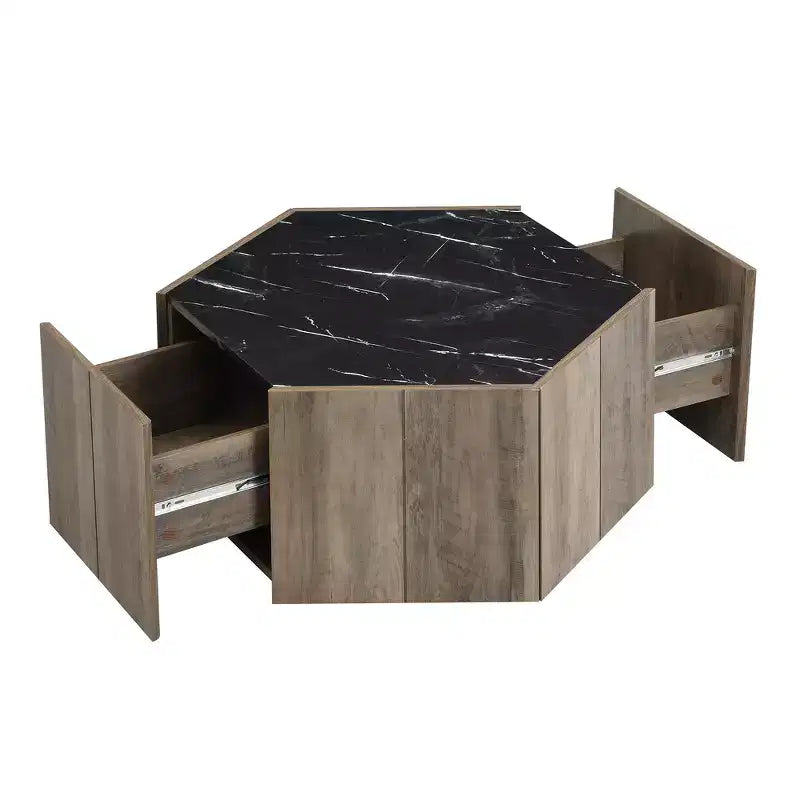 Table basse rustique rétro hexagonale Zeus & Ruta avec 2 tiroirs cachés, plateau en marbre et finition chêne pour salon