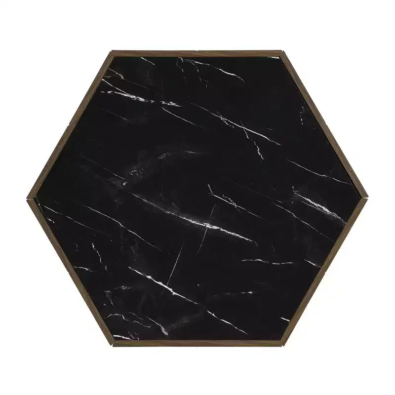 Table basse rustique rétro hexagonale Zeus & Ruta avec 2 tiroirs cachés, plateau en marbre et finition chêne pour salon