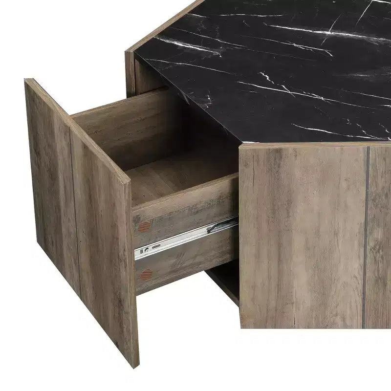 Table basse rustique rétro hexagonale Zeus & Ruta avec 2 tiroirs cachés, plateau en marbre et finition chêne pour salon