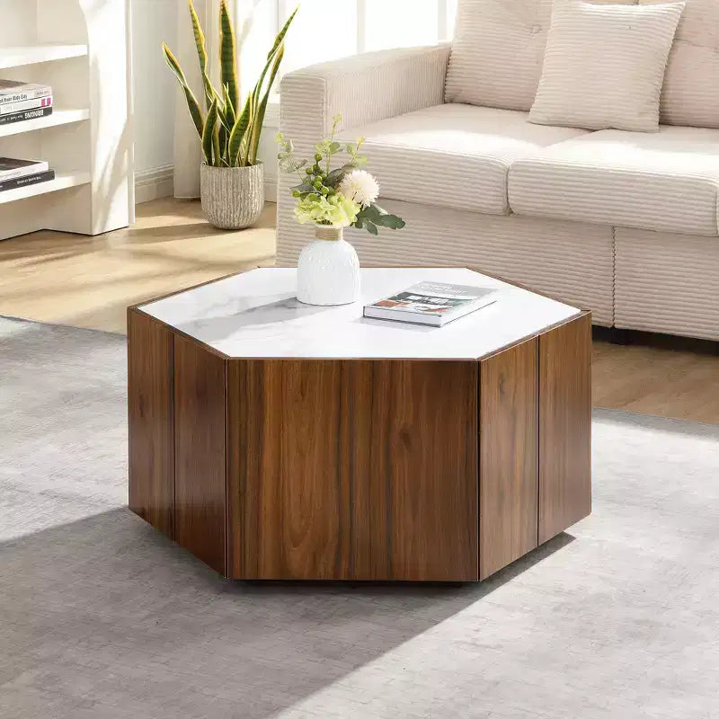 Table basse rustique rétro hexagonale Zeus & Ruta avec 2 tiroirs cachés, plateau en marbre et finition chêne pour salon