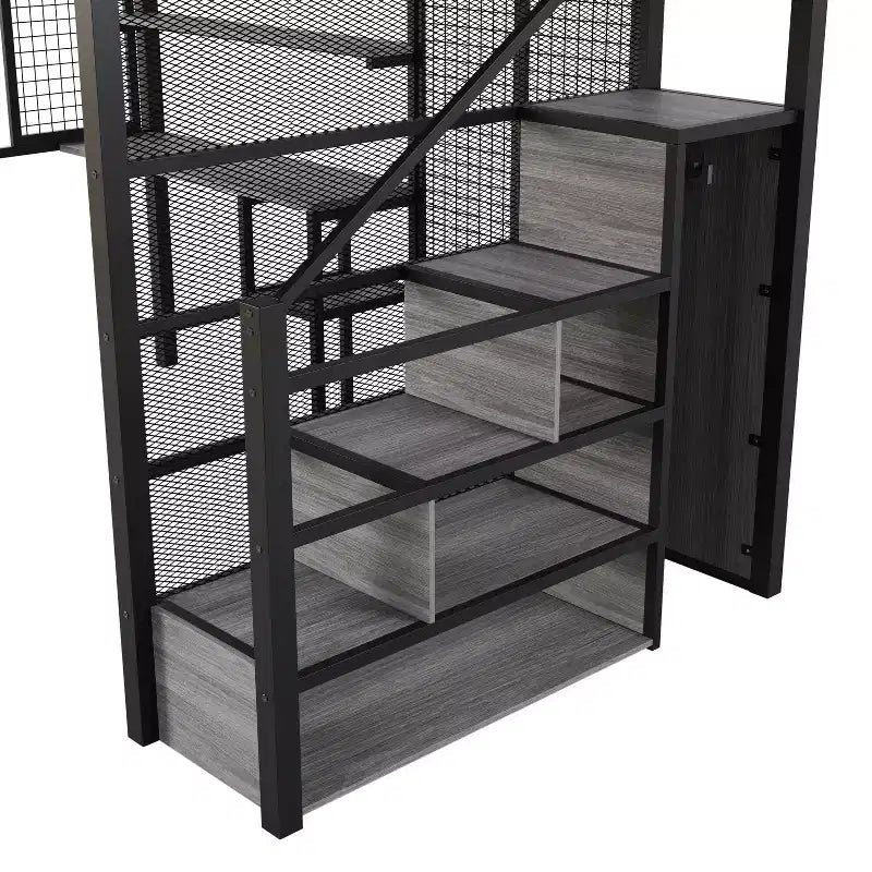 Lit mezzanine pleine taille avec bureau et armoire, cadre de lit en métal robuste avec escalier de rangement en bois et étagères pour enfants et adolescents