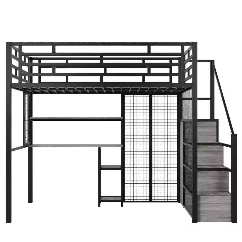 Lit mezzanine pleine taille avec bureau et armoire, cadre de lit en métal robuste avec escalier de rangement en bois et étagères pour enfants et adolescents