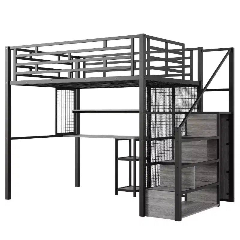 Lit mezzanine pleine taille avec bureau et armoire, cadre de lit en métal robuste avec escalier de rangement en bois et étagères pour enfants et adolescents