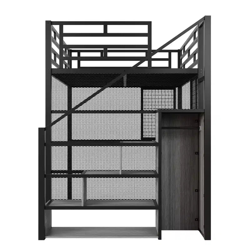 Lit mezzanine pleine taille avec bureau et armoire, cadre de lit en métal robuste avec escalier de rangement en bois et étagères pour enfants et adolescents