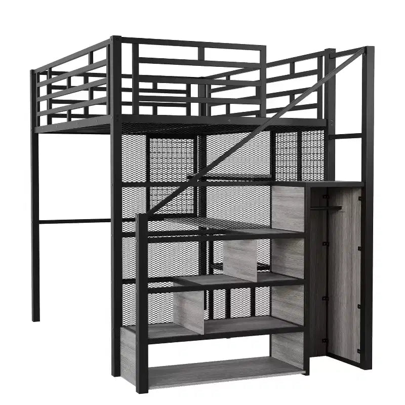Lit mezzanine pleine taille avec bureau et armoire, cadre de lit en métal robuste avec escalier de rangement en bois et étagères pour enfants et adolescents