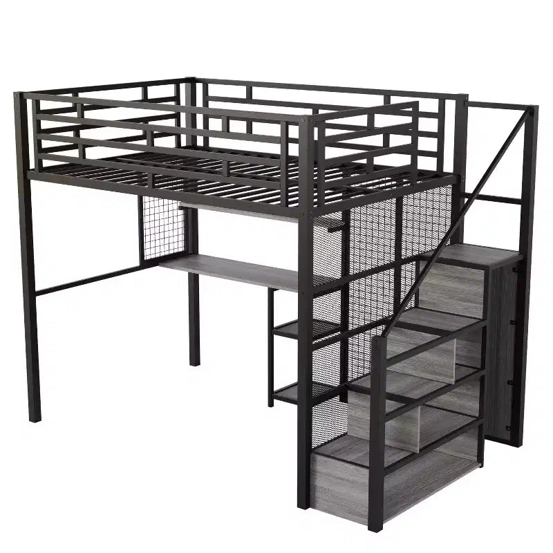 Lit mezzanine pleine taille avec bureau et armoire, cadre de lit en métal robuste avec escalier de rangement en bois et étagères pour enfants et adolescents