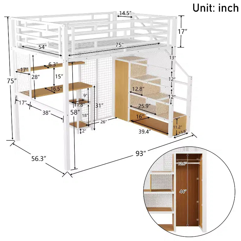 Lit mezzanine pleine taille avec bureau et armoire, cadre de lit en métal robuste avec escalier de rangement en bois et étagères pour enfants et adolescents