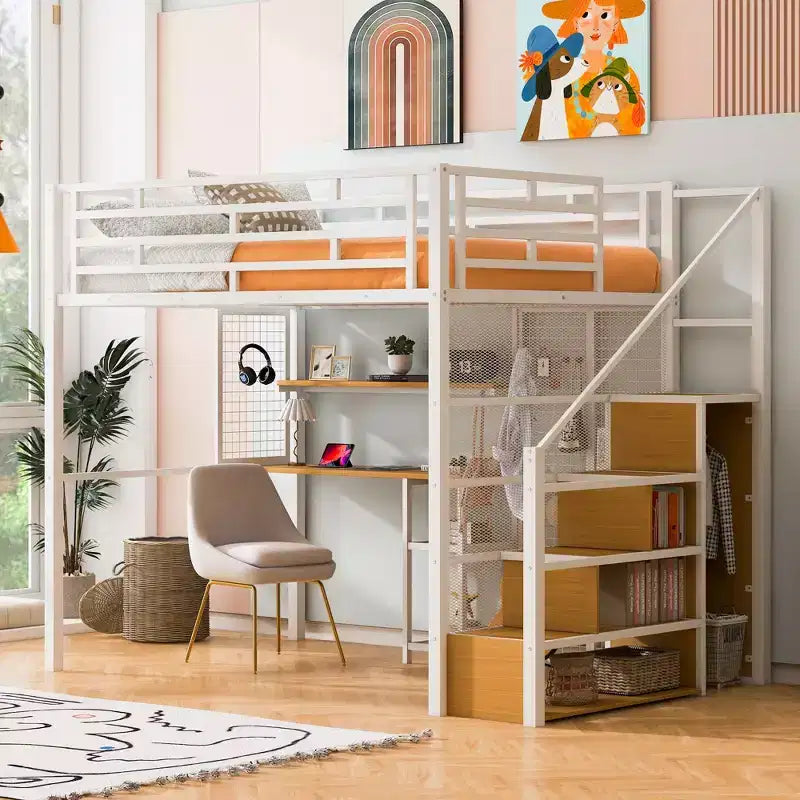 Lit mezzanine pleine taille avec bureau et armoire, cadre de lit en métal robuste avec escalier de rangement en bois et étagères pour enfants et adolescents