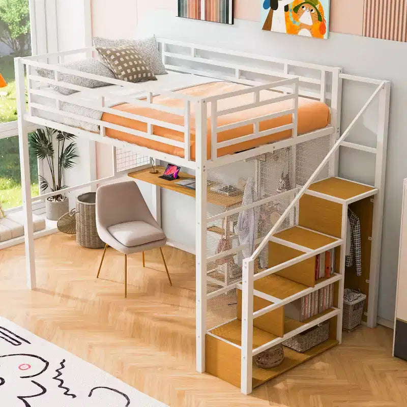 Lit mezzanine pleine taille avec bureau et armoire, cadre de lit en métal robuste avec escalier de rangement en bois et étagères pour enfants et adolescents