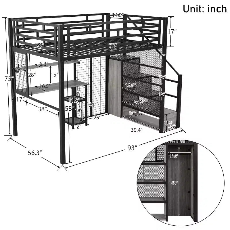 Lit mezzanine pleine taille avec bureau et armoire, cadre de lit en métal robuste avec escalier de rangement en bois et étagères pour enfants et adolescents