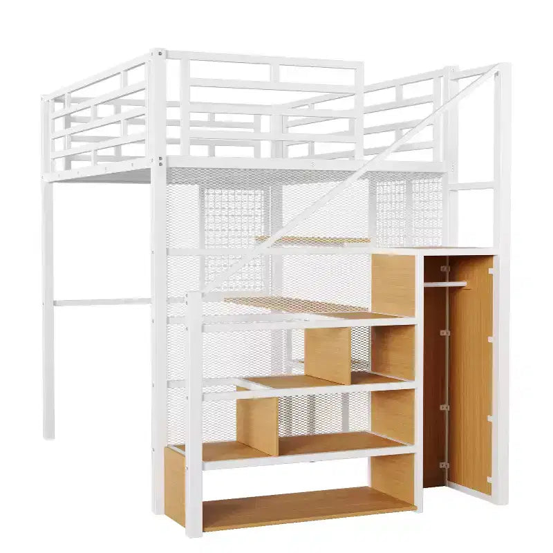 Lit mezzanine pleine taille avec bureau et armoire, cadre de lit en métal robuste avec escalier de rangement en bois et étagères pour enfants et adolescents