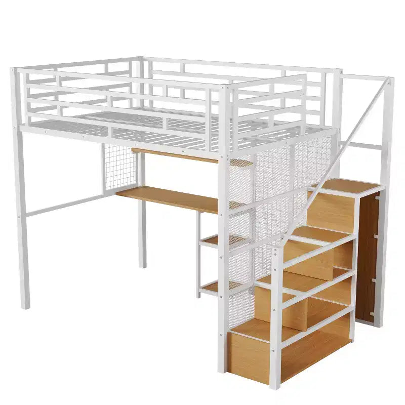 Lit mezzanine pleine taille avec bureau et armoire, cadre de lit en métal robuste avec escalier de rangement en bois et étagères pour enfants et adolescents