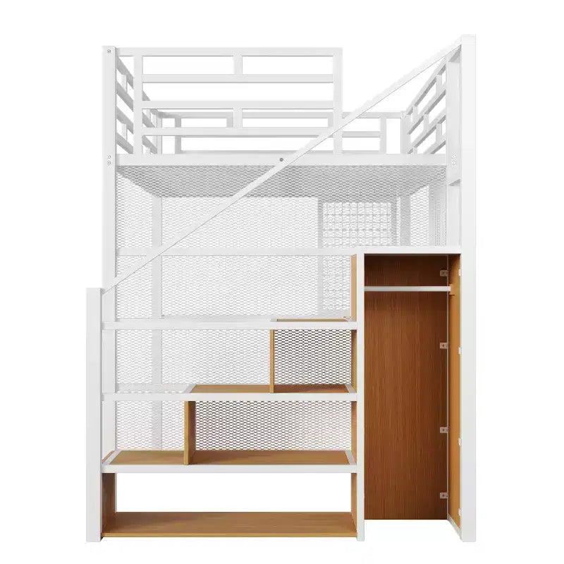 Lit mezzanine pleine taille avec bureau et armoire, cadre de lit en métal robuste avec escalier de rangement en bois et étagères pour enfants et adolescents