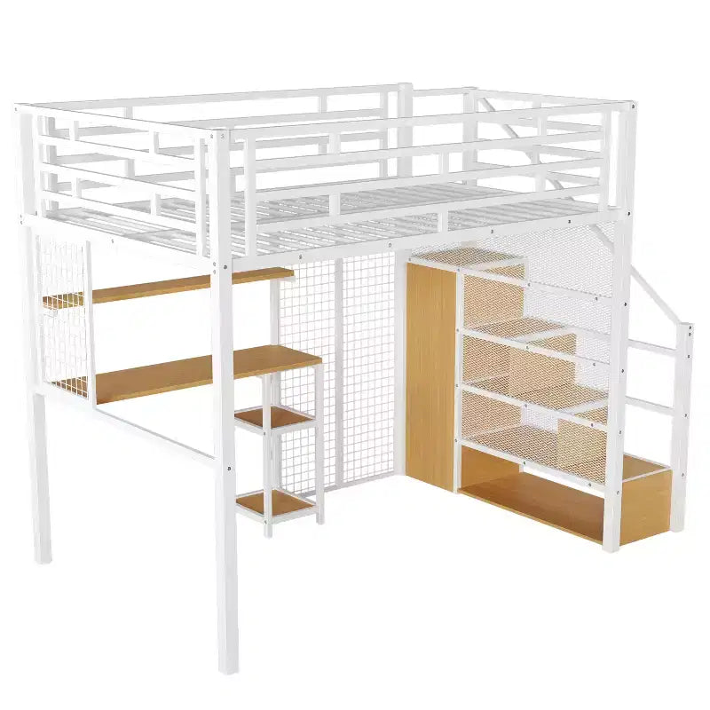 Lit mezzanine pleine taille avec bureau et armoire, cadre de lit en métal robuste avec escalier de rangement en bois et étagères pour enfants et adolescents