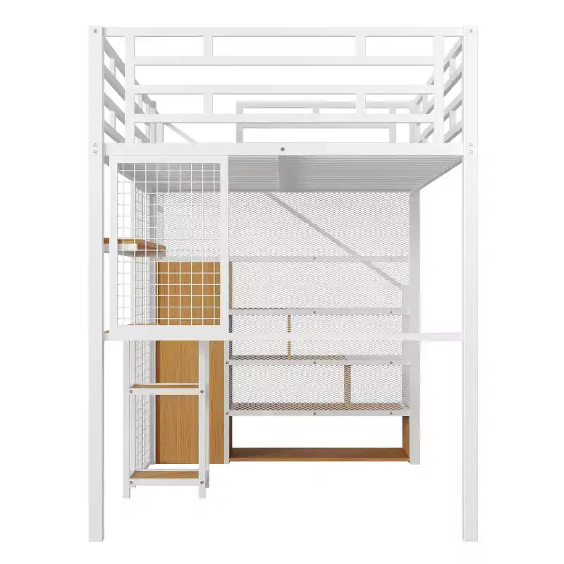 Lit mezzanine pleine taille avec bureau et armoire, cadre de lit en métal robuste avec escalier de rangement en bois et étagères pour enfants et adolescents