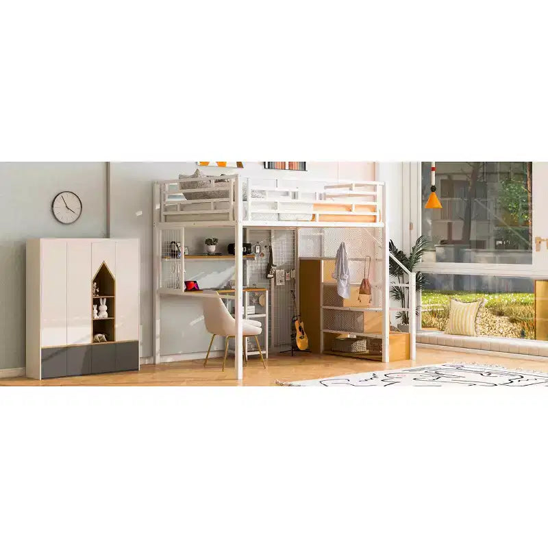 Lit mezzanine pleine taille avec bureau et armoire, cadre de lit en métal robuste avec escalier de rangement en bois et étagères pour enfants et adolescents