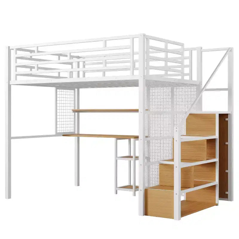 Lit mezzanine pleine taille avec bureau et armoire, cadre de lit en métal robuste avec escalier de rangement en bois et étagères pour enfants et adolescents