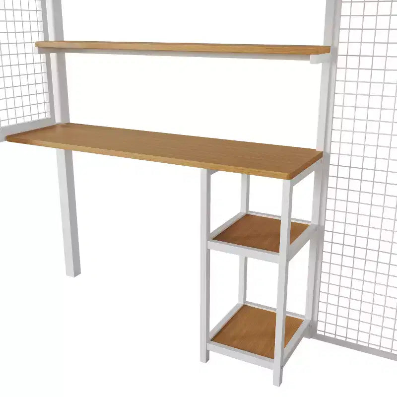 Lit mezzanine pleine taille avec bureau et armoire, cadre de lit en métal robuste avec escalier de rangement en bois et étagères pour enfants et adolescents