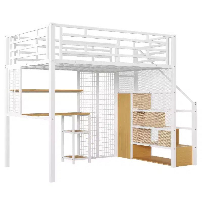 Lit mezzanine pleine taille avec bureau et armoire, cadre de lit en métal robuste avec escalier de rangement en bois et étagères pour enfants et adolescents