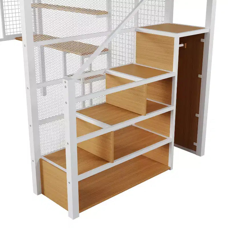 Lit mezzanine pleine taille avec bureau et armoire, cadre de lit en métal robuste avec escalier de rangement en bois et étagères pour enfants et adolescents