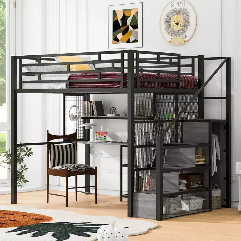 Lit mezzanine pleine taille avec bureau et armoire, cadre de lit en métal robuste avec escalier de rangement en bois et étagères pour enfants et adolescents