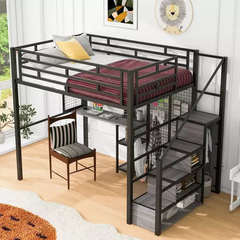 Lit mezzanine pleine taille avec bureau et armoire, cadre de lit en métal robuste avec escalier de rangement en bois et étagères pour enfants et adolescents