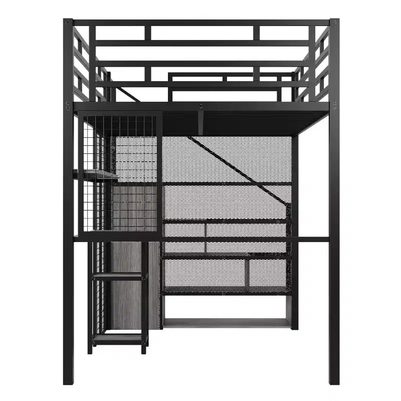 Lit mezzanine pleine taille avec bureau et armoire, cadre de lit en métal robuste avec escalier de rangement en bois et étagères pour enfants et adolescents
