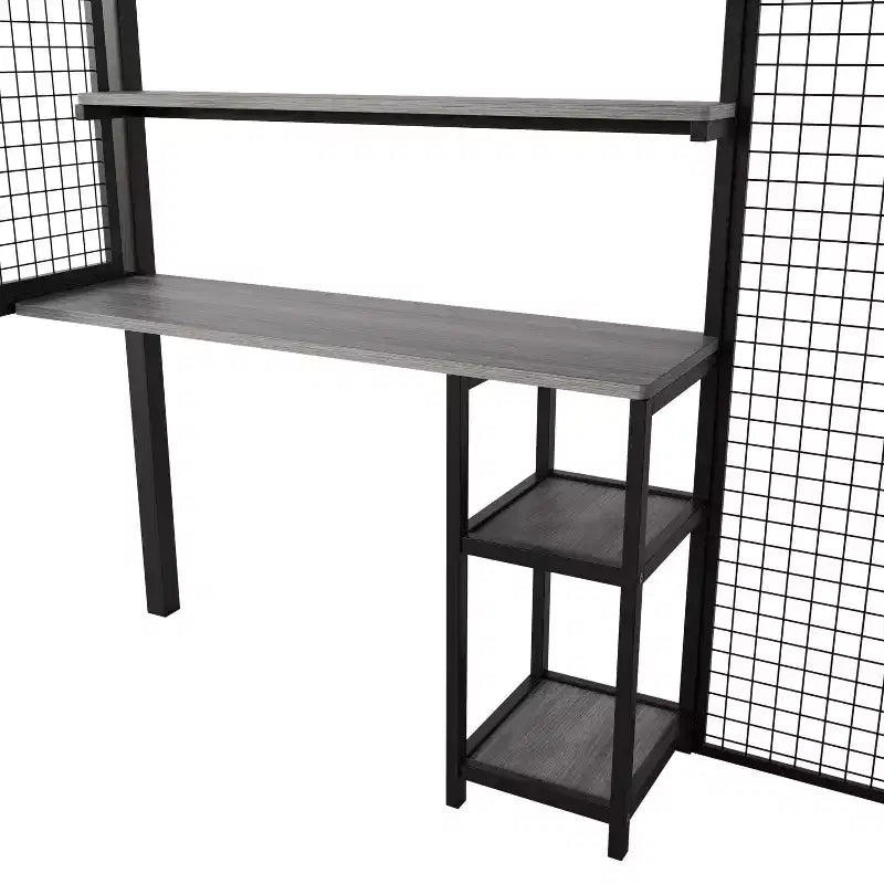 Lit mezzanine pleine taille avec bureau et armoire, cadre de lit en métal robuste avec escalier de rangement en bois et étagères pour enfants et adolescents