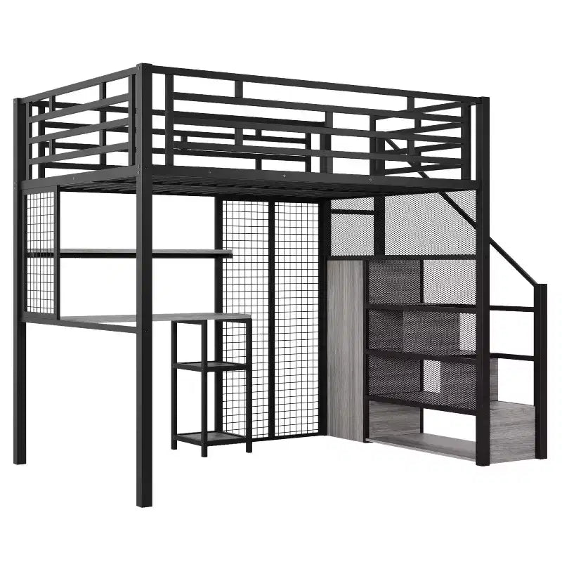 Lit mezzanine pleine taille avec bureau et armoire, cadre de lit en métal robuste avec escalier de rangement en bois et étagères pour enfants et adolescents